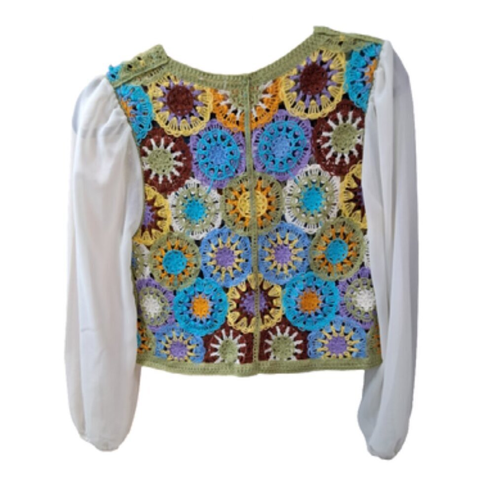 Handmade crochet top!  With cream sleeves.  Very boho and hippee. Sz Xs - Picture 3 of 4